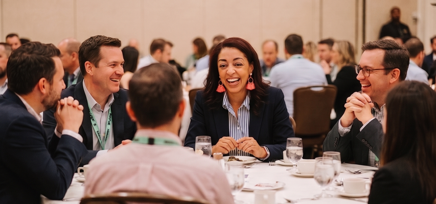 Charla Session-Reed in discussion with marketing leaders around a table at an industry event.